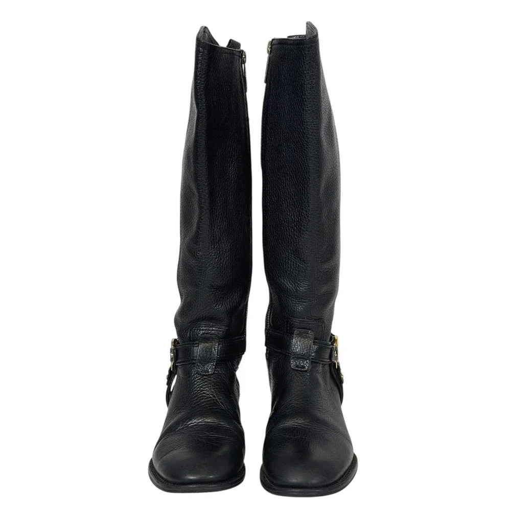 Tory Burch Women's Size 5M Black Leather Riding Boots Gold Logo Buckle Knee High